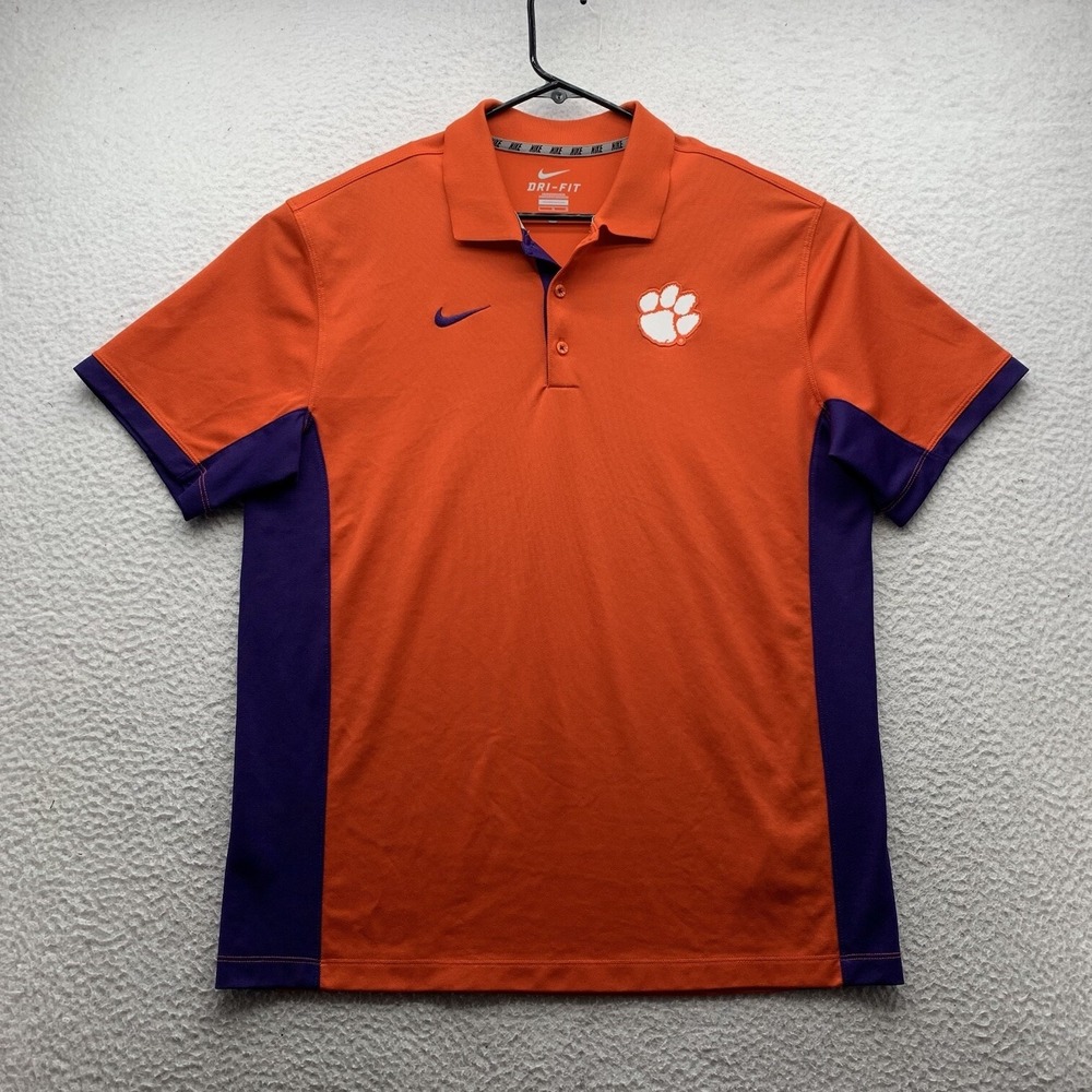 Nike Clemson Tigers Polo Shirt Mens Large‎ L Orange Purple Dri-Fit Golf NCAA ACC